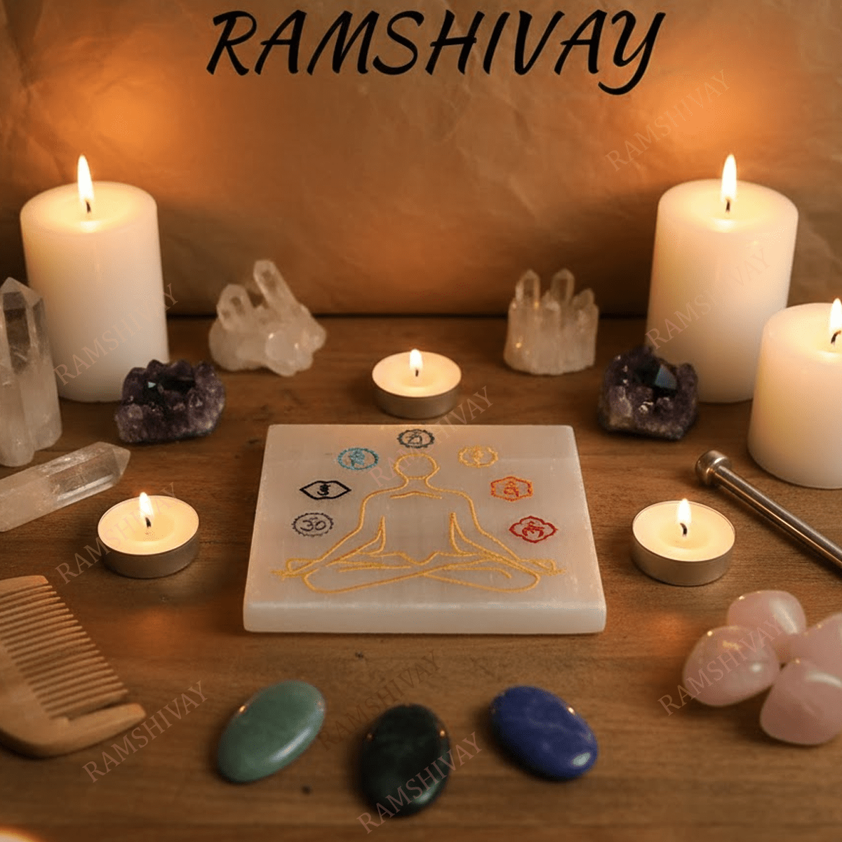 7 Chakra Engraved Selenite Charging Plate for Crystal Healing & Reiki – Ramshivay - Ramshivay