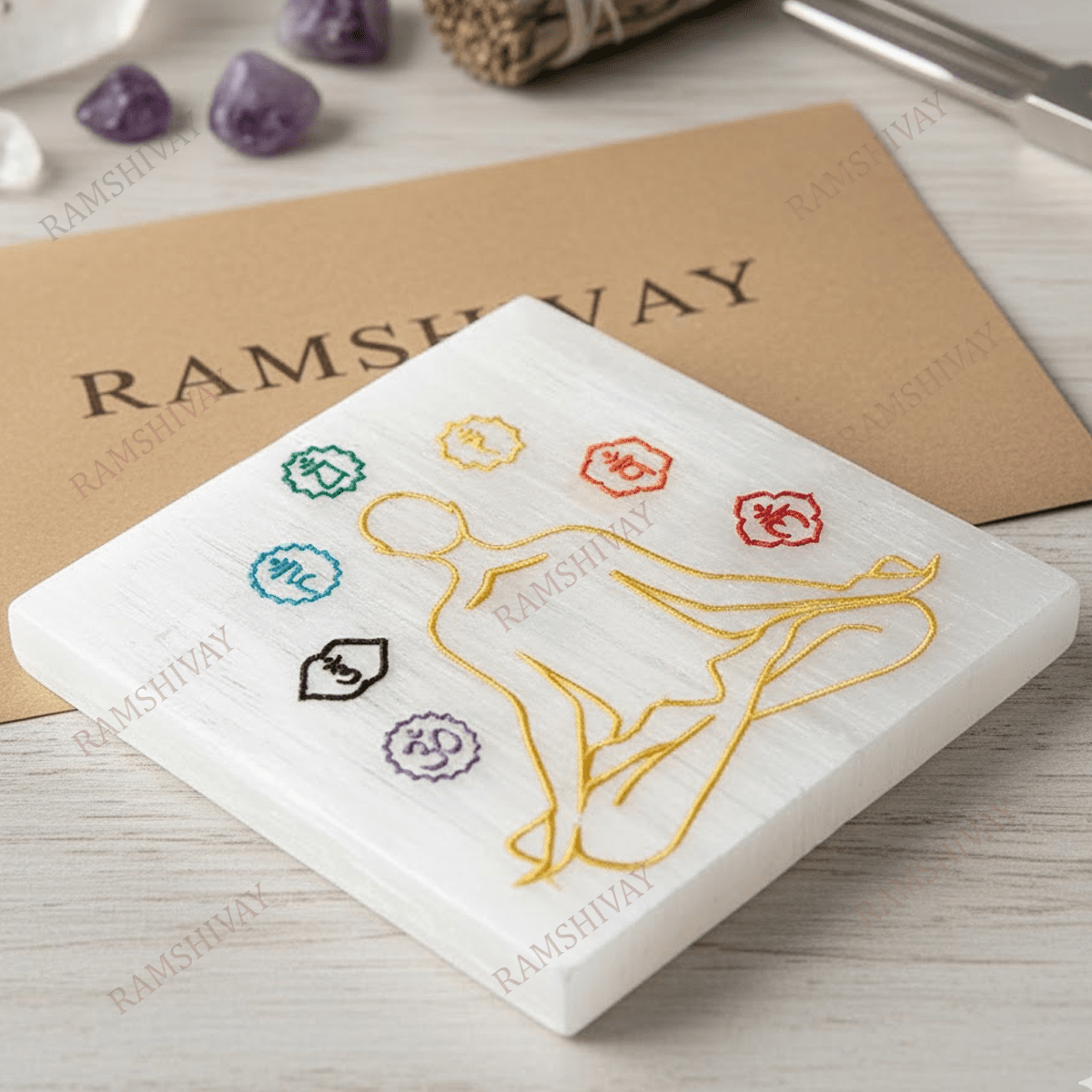 7 Chakra Engraved Selenite Charging Plate for Crystal Healing & Reiki – Ramshivay - Ramshivay
