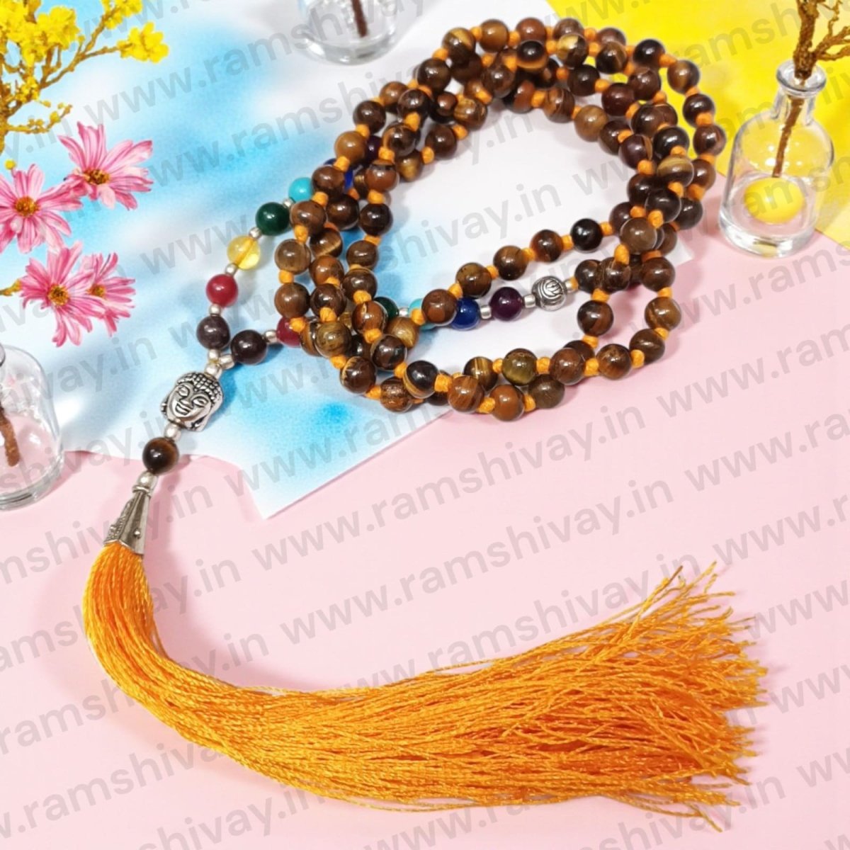 7 Chakra with Tiger Eye Mala (7 Chakra Mala) 108+1 Beads with Lab Certificate | For Healing, Protection & Energy Balance – Ramshivay - Ramshivay