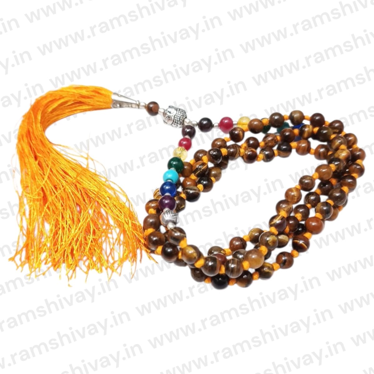 7 Chakra with Tiger Eye Mala (7 Chakra Mala) 108+1 Beads with Lab Certificate | For Healing, Protection & Energy Balance – Ramshivay - Ramshivay