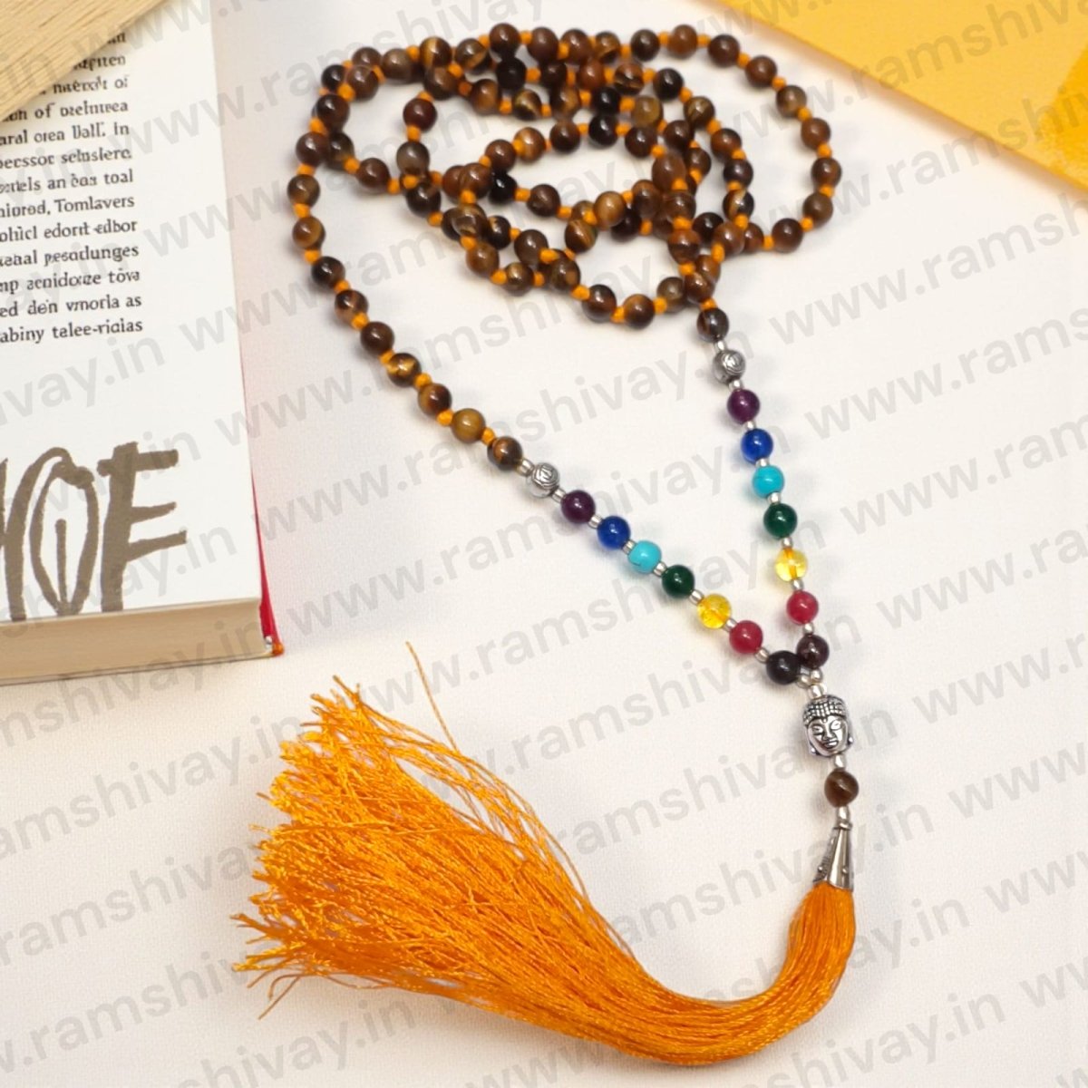 7 Chakra with Tiger Eye Mala (7 Chakra Mala) 108+1 Beads with Lab Certificate | For Healing, Protection & Energy Balance – Ramshivay - Ramshivay