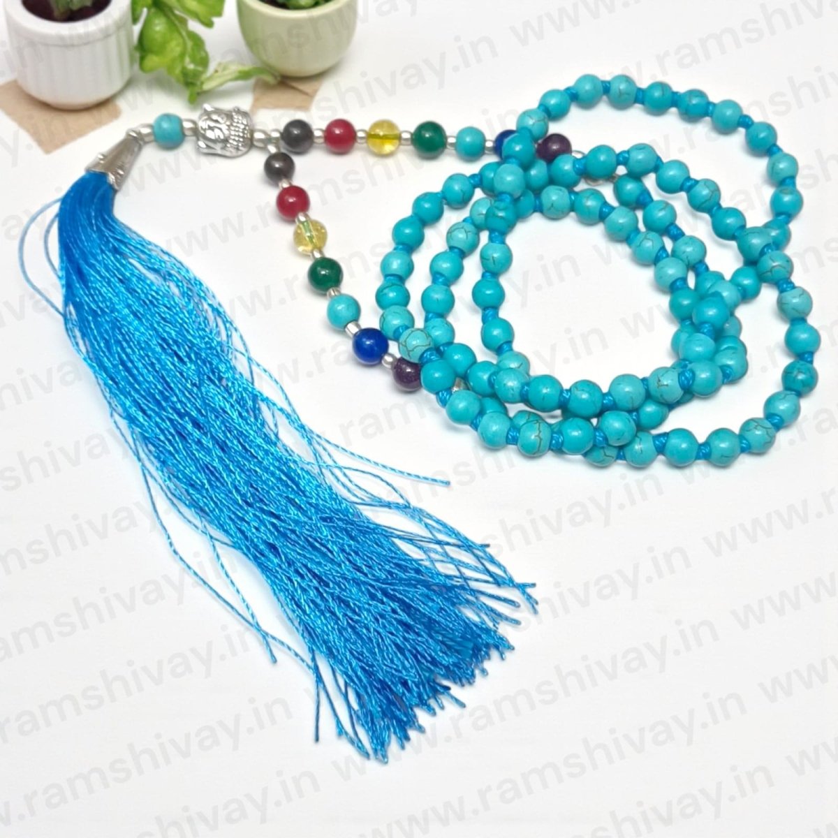 7 Chakra with Turquoise Mala (Firoza 7 Chakra Mala) 108+1 Beads with Lab Certificate | For Healing, Prosperity & Chakra Balancing – Ramshivay - Ramshivay