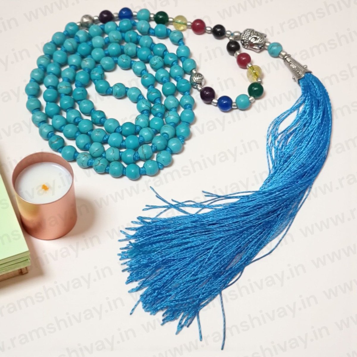 7 Chakra with Turquoise Mala (Firoza 7 Chakra Mala) 108+1 Beads with Lab Certificate | For Healing, Prosperity & Chakra Balancing – Ramshivay - Ramshivay