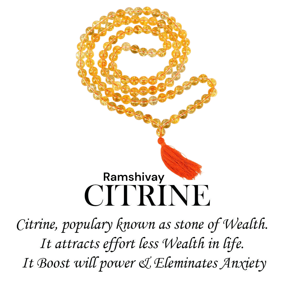 Citrine Mala 8MM with Lab Certificate | 108+1 Beads for Wealth, Confidence & Success – Ramshivay - Ramshivay