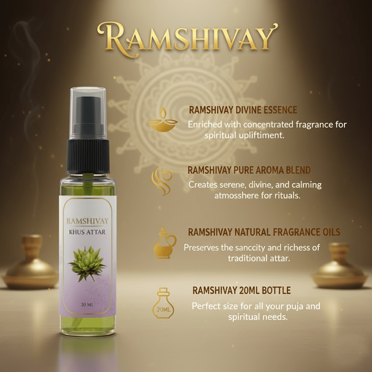Khus Spray Attar - 20ml (Pack of 5) Earthy Floral Fragrance for Puja – Ramshivay - Ramshivay