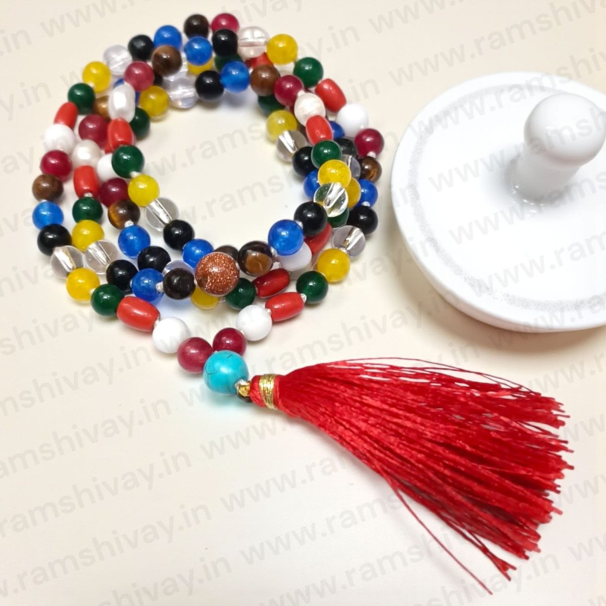 Natural Navratan Mala (Navratna Mala) AAA Quality 108+1 Beads with Lab Certificate | For Balance, Prosperity & Planetary Protection – Ramshivay - Ramshivay