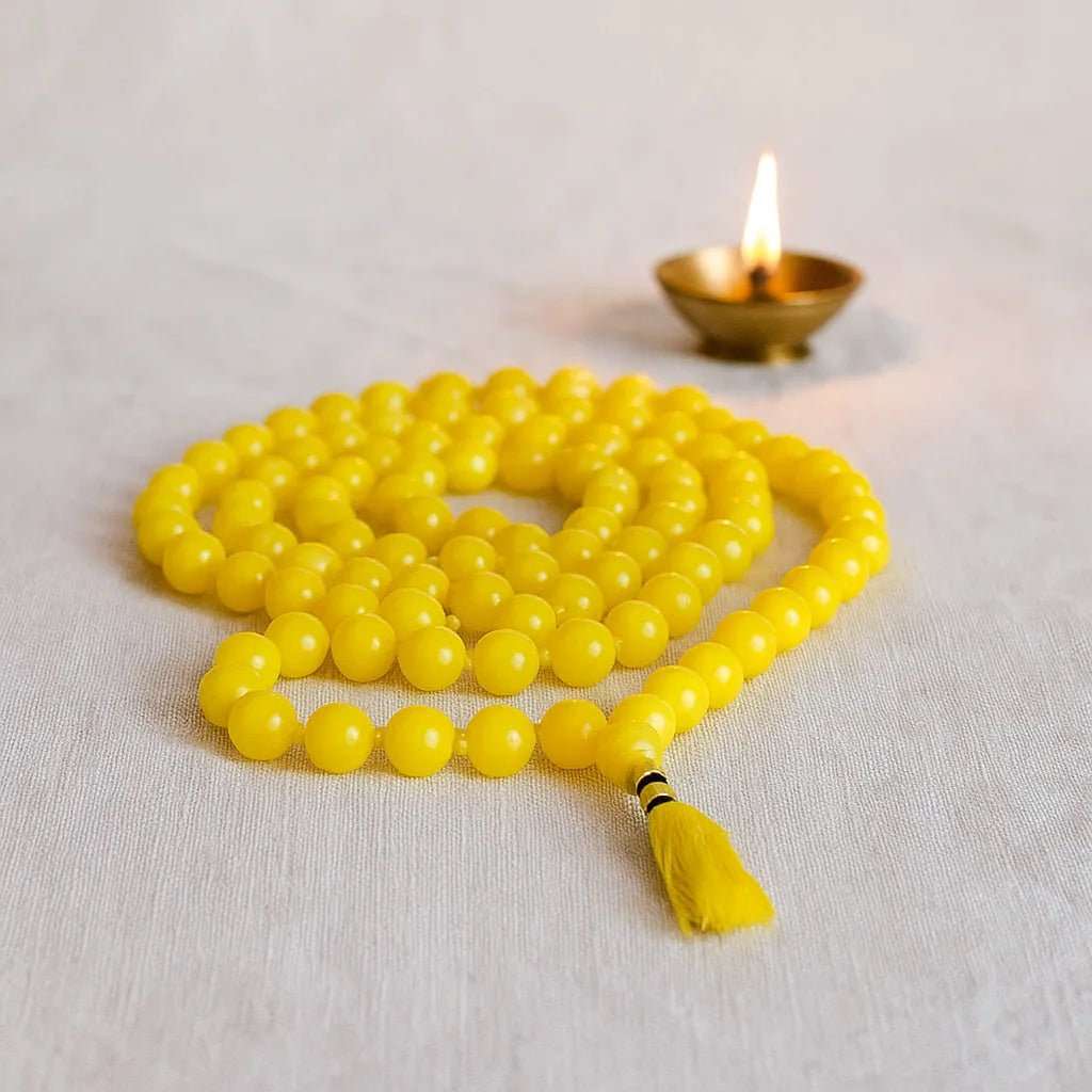 Natural Yellow Agate Mala 108+1 Beads with Lab Certificate | 8mm Peeli Hakik Mala for Jaap & Wearing – Ramshivay - Ramshivay