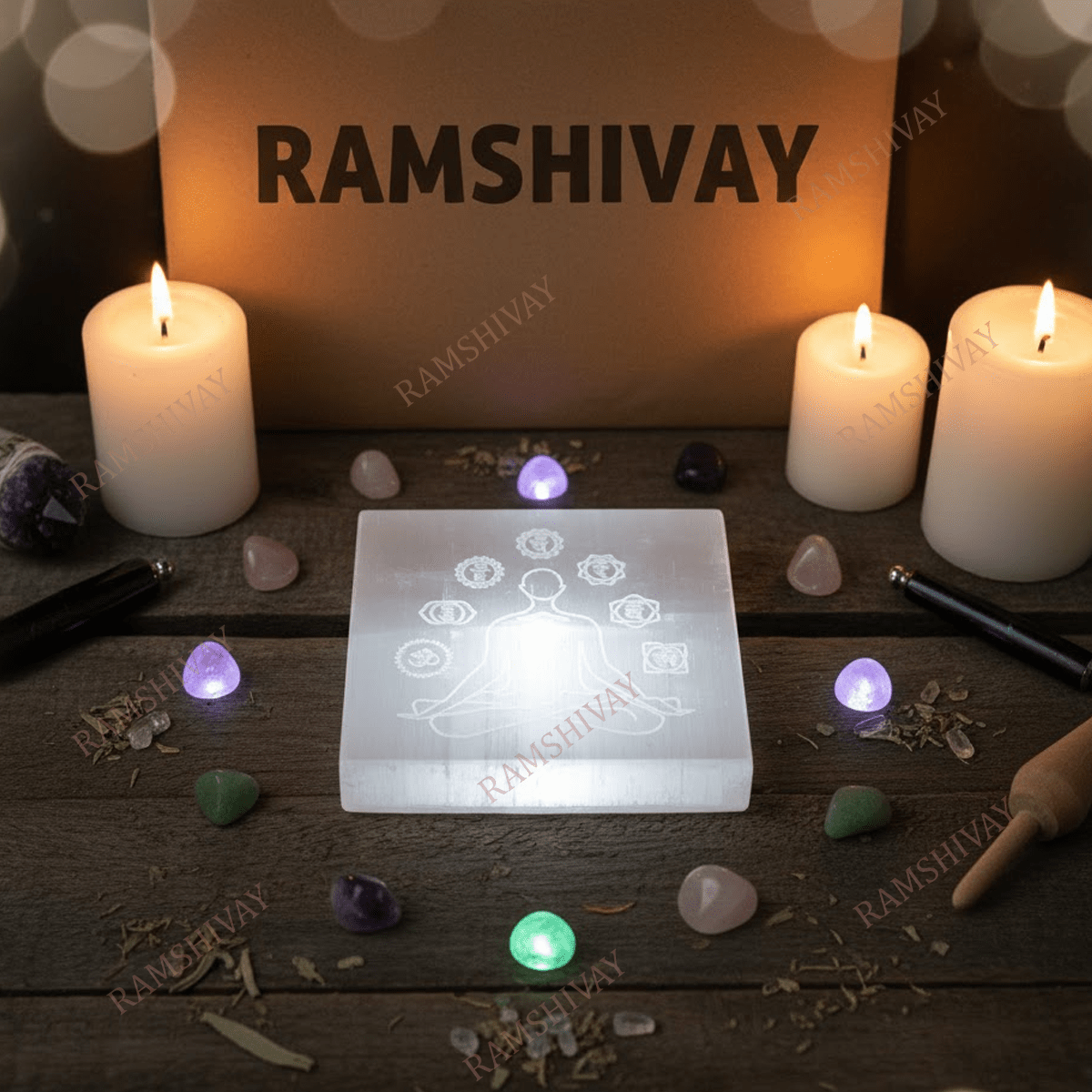 Selenite Charging Plate with Buddha Aura & 7 Chakra Engraving for Crystal Healing – Ramshivay - Ramshivay