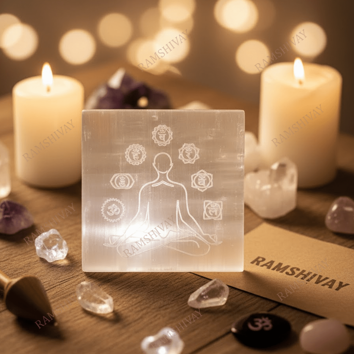 Selenite Charging Plate with Buddha Aura & 7 Chakra Engraving for Crystal Healing – Ramshivay - Ramshivay