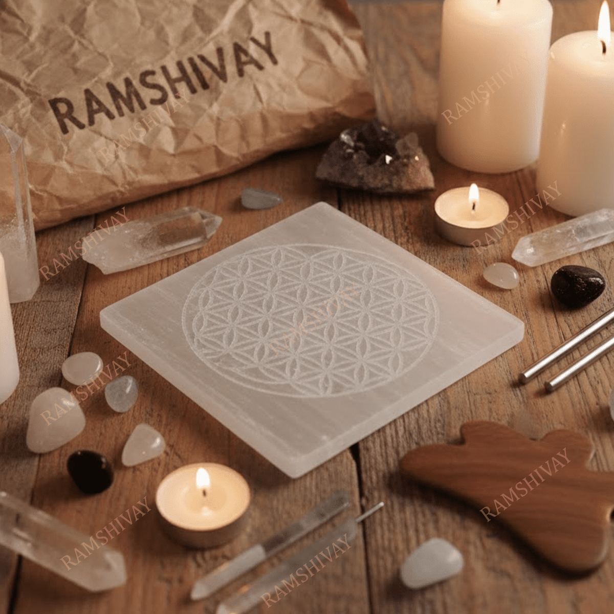 Selenite Charging Plate with Flower of Life Engraving for Crystal Cleansing & Reiki – Ramshivay - Ramshivay