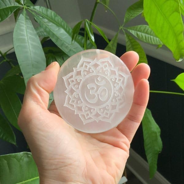 Selenite Charging Plate with Sacred OM Engraving for Crystal Cleansing & Reiki – Ramshivay - Ramshivay