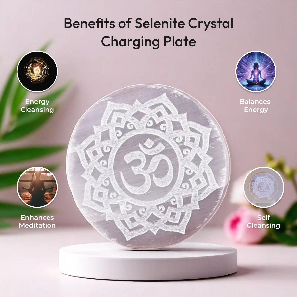 Selenite Charging Plate with Sacred OM Engraving for Crystal Cleansing & Reiki – Ramshivay - Ramshivay