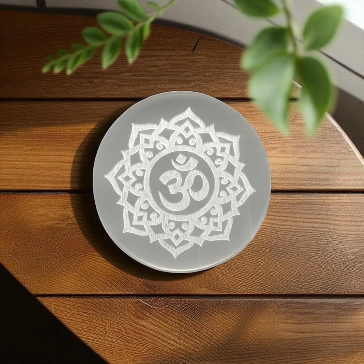 Selenite Charging Plate with Sacred OM Engraving for Crystal Cleansing & Reiki – Ramshivay - Ramshivay