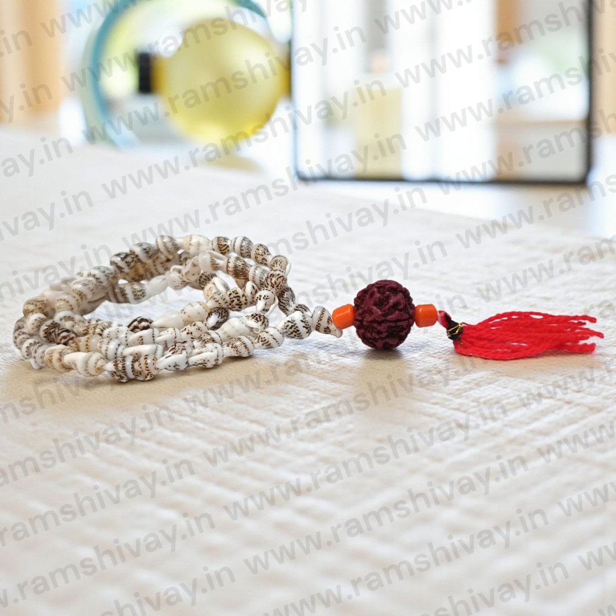 Shankh Mala with 5 Mukhi Rudraksha & Lab Certificate | Natural Conch Beads Mala for Japa & Wearing – Ramshivay - Ramshivay