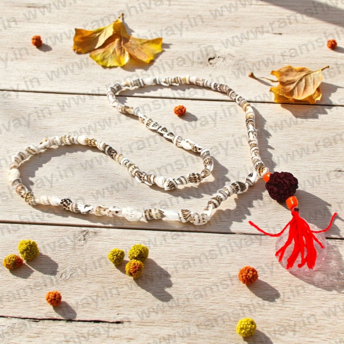 Shankh Mala with 5 Mukhi Rudraksha & Lab Certificate | Natural Conch Beads Mala for Japa & Wearing – Ramshivay - Ramshivay