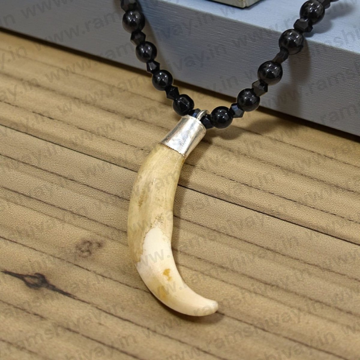 Shukar Dant in Black Agate Mala with C - Shape Wild Boar Teeth & Pure Silver Pendant | Spiritual Healing & Protection – Ramshivay - Ramshivay