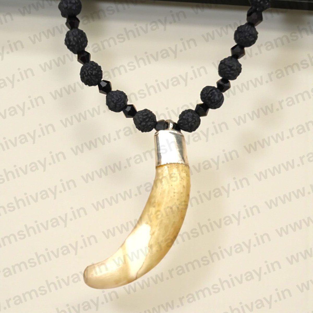 Shukar Dant in Black Rudraksha Mala with C - Shape Wild Boar Teeth | Pure Silver Pendant for Spiritual Protection & Energy – Ramshivay - Ramshivay