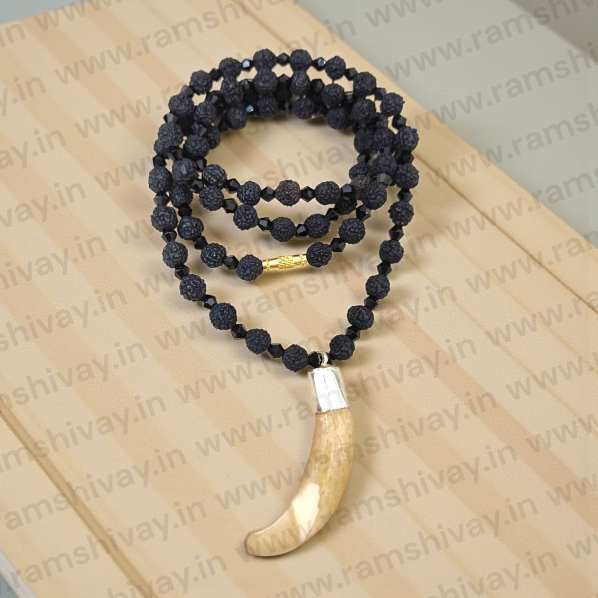 Shukar Dant in Black Rudraksha Mala with C - Shape Wild Boar Teeth | Pure Silver Pendant for Spiritual Protection & Energy – Ramshivay - Ramshivay