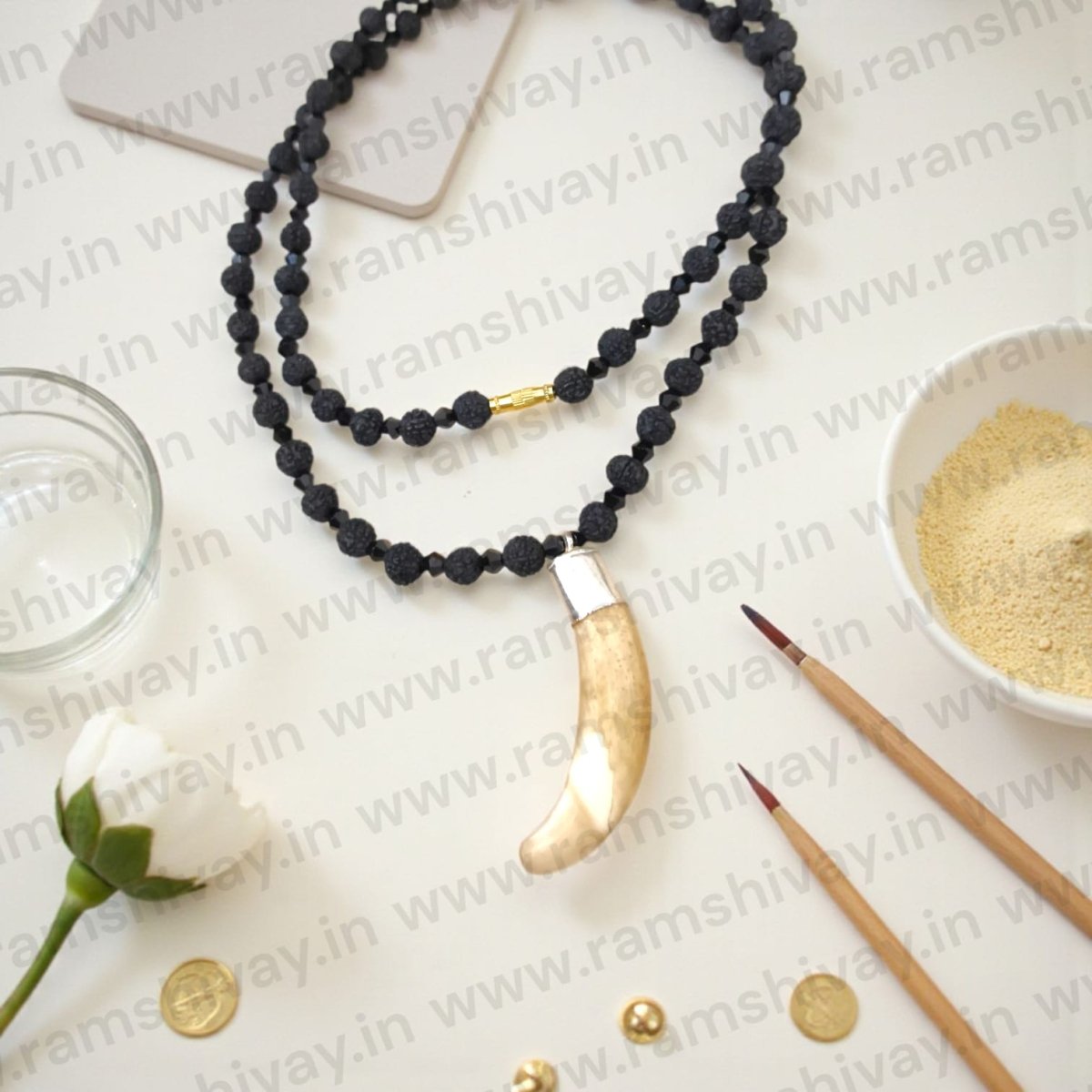 Shukar Dant in Black Rudraksha Mala with C - Shape Wild Boar Teeth | Pure Silver Pendant for Spiritual Protection & Energy – Ramshivay - Ramshivay
