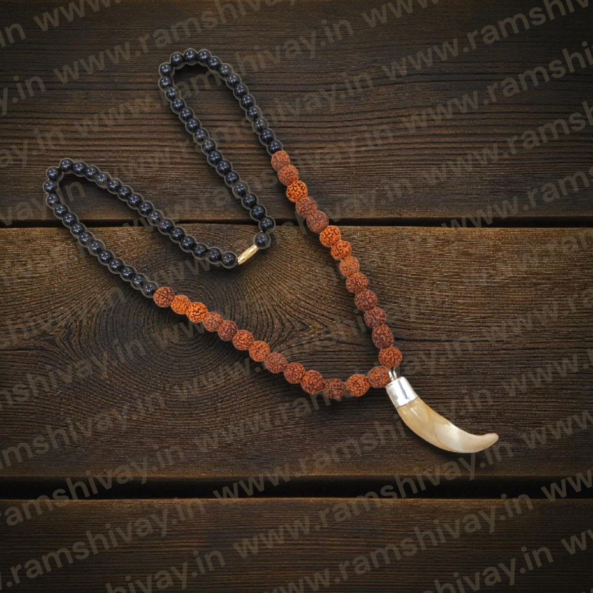 Shukar Dant Rudraksha & Hakik Mala with C - Shape Wild Boar Teeth | Spiritual Protection & Energy – Ramshivay - Ramshivay