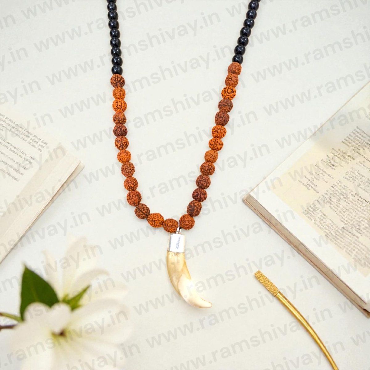 Shukar Dant Rudraksha & Hakik Mala with C - Shape Wild Boar Teeth | Spiritual Protection & Energy – Ramshivay - Ramshivay