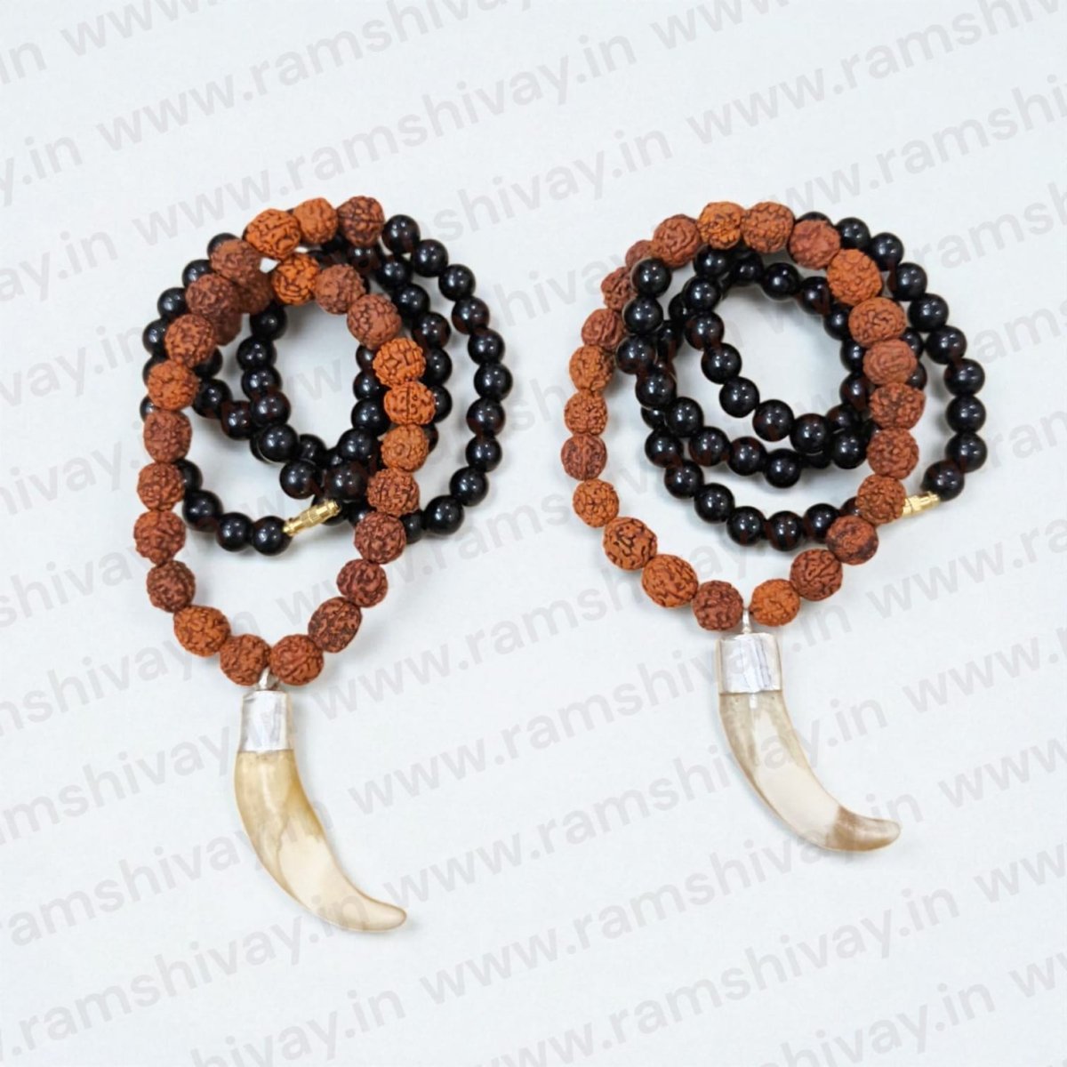 Shukar Dant Rudraksha & Hakik Mala with C - Shape Wild Boar Teeth | Spiritual Protection & Energy – Ramshivay - Ramshivay