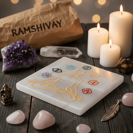 7 Chakra Engraved Selenite Charging Plate for Crystal Healing & Reiki – Ramshivay - Ramshivay