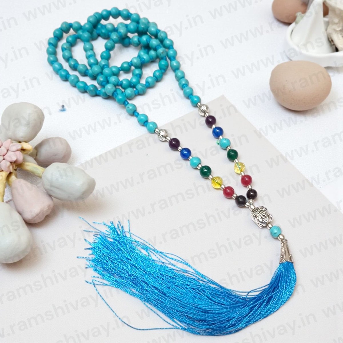 7 Chakra with Turquoise Mala (Firoza 7 Chakra Mala) 108+1 Beads with Lab Certificate | For Healing, Prosperity & Chakra Balancing – Ramshivay - Ramshivay