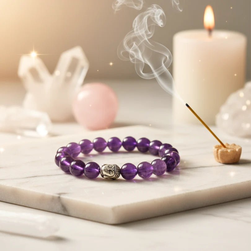 Amethyst Bracelet (8mm) with Buddha Bead Lab Certified for Spiritual Healing – Ramshivay - Ramshivay
