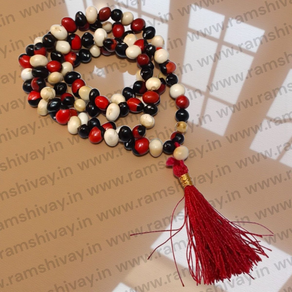 Gunja Mala Red White and Black Mixed (Chirmi Mala 108+1 Beads) with Lab Certificate | For Protection, Prosperity & Good Luck – Ramshivay - Ramshivay