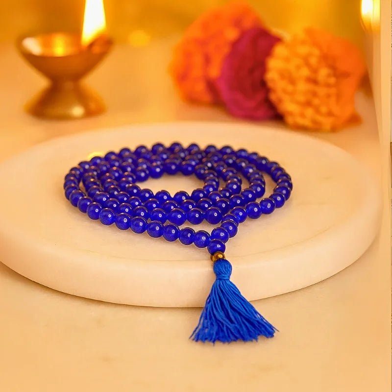 Natural Blue Agate Mala 108+1 Beads with Lab Certificate | 8mm Neeli Hakik Mala for Jaap & Wearing – Ramshivay - Ramshivay