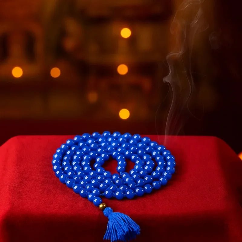 Natural Blue Agate Mala 108+1 Beads with Lab Certificate | 8mm Neeli Hakik Mala for Jaap & Wearing – Ramshivay - Ramshivay