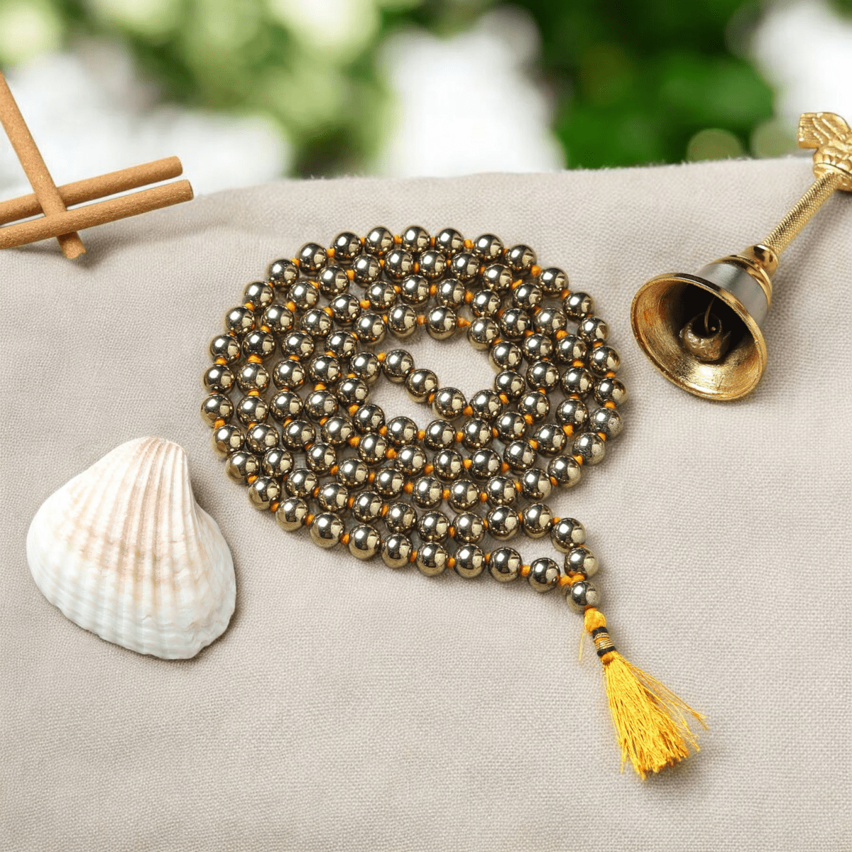 Natural Golden Pyrite Mala 108+1 Beads with Lab Certificate | 8mm Yellow Pyrite Mala for Jaap & Wearing – Ramshivay - Ramshivay