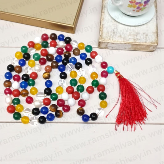 Natural Navratan Mala (Navagraha Mala) 108+1 Beads with Lab Certificate | For Jaap, Wearing & Planetary Harmony – Ramshivay - Ramshivay
