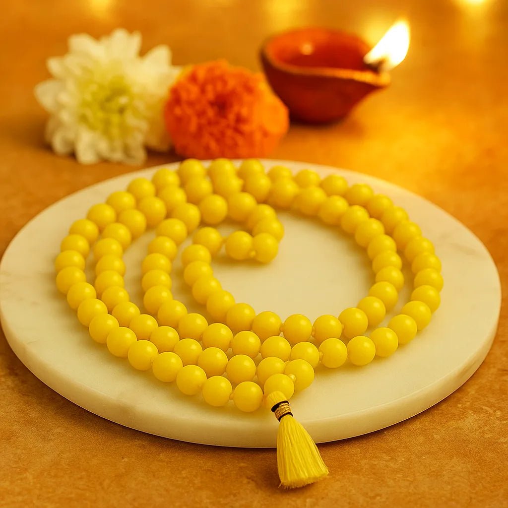 Natural Yellow Agate Mala 108+1 Beads with Lab Certificate | 8mm Peeli Hakik Mala for Jaap & Wearing – Ramshivay - Ramshivay
