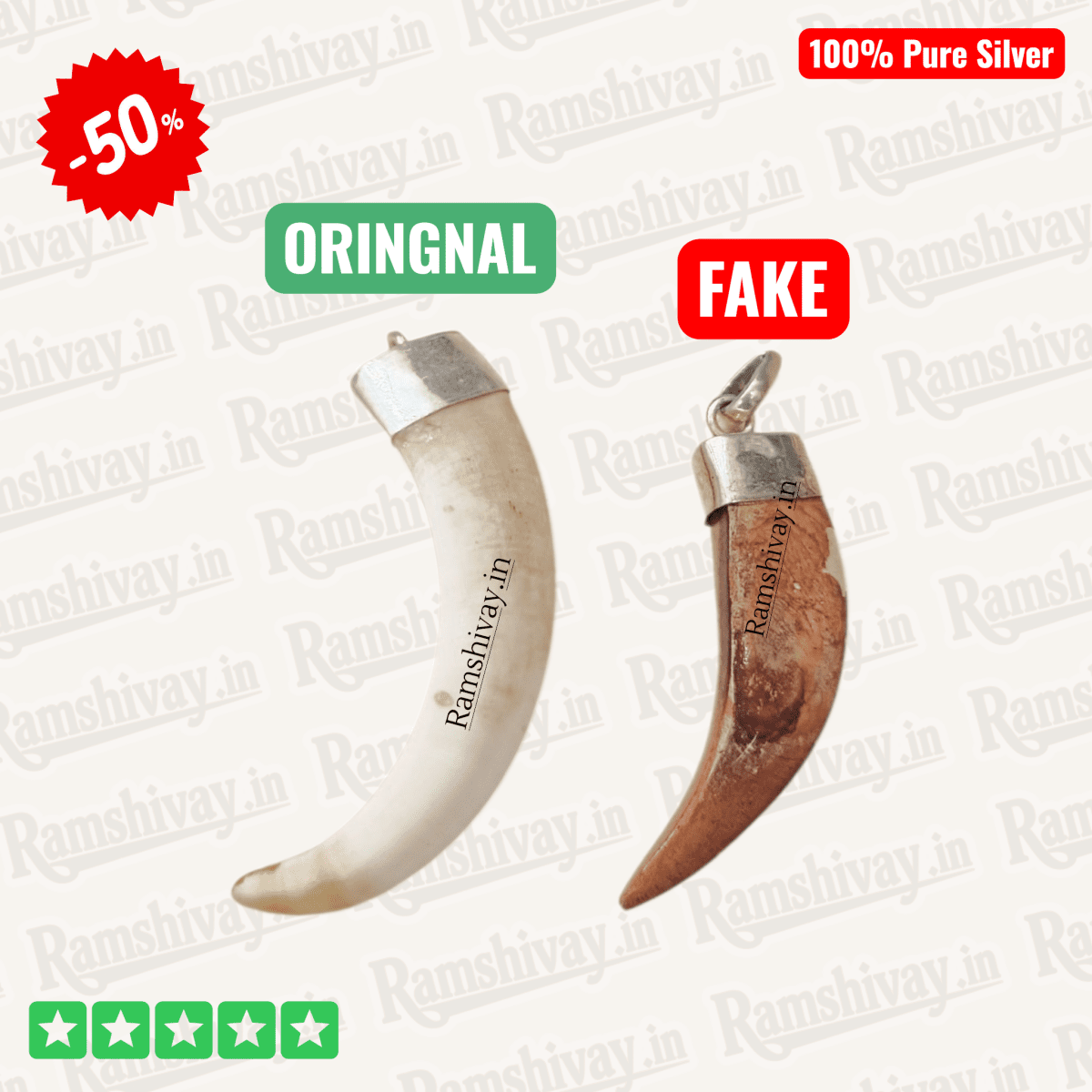 Original C‑Shape Shukar Dant (Wild Boar Teeth) Silver Locket for Men & Women with Energised Option | Nazar Protection & Prosperity – Ramshivay - Ramshivay