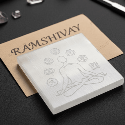 Selenite Charging Plate with Buddha Aura & 7 Chakra Engraving for Crystal Healing – Ramshivay
