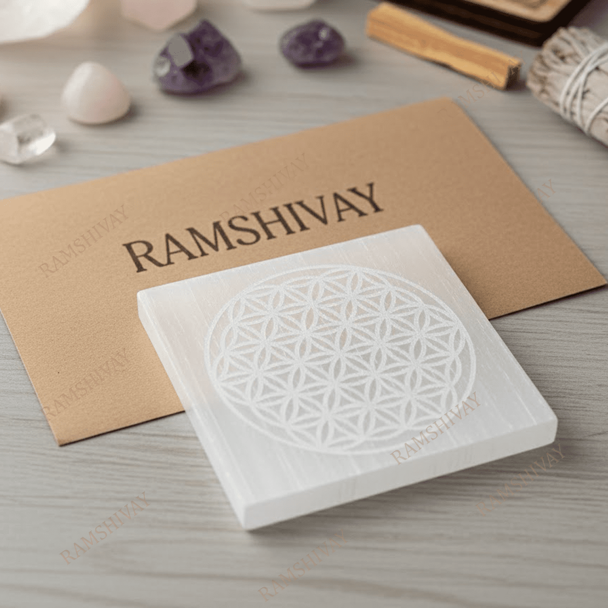 Selenite Charging Plate with Flower of Life Engraving for Crystal Cleansing & Reiki – Ramshivay - Ramshivay
