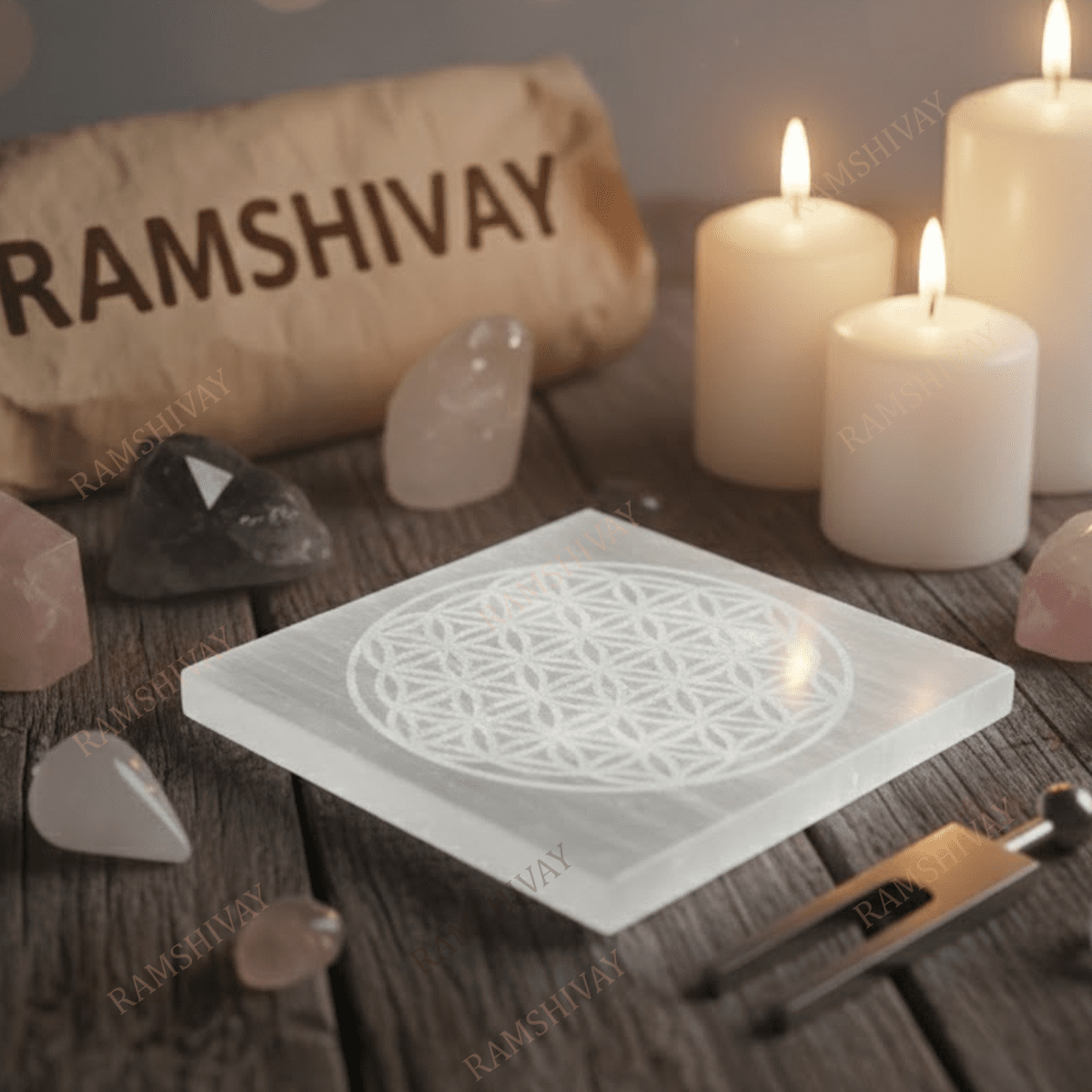 Selenite Charging Plate with Flower of Life Engraving for Crystal Cleansing & Reiki – Ramshivay - Ramshivay