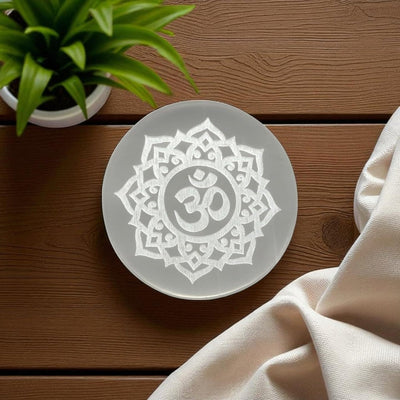 Selenite Charging Plate with Sacred OM Engraving for Crystal Cleansing & Reiki – Ramshivay
