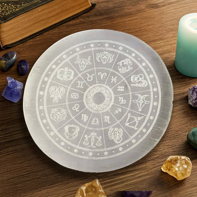 Selenite Charging Plate with Zodiac Sign Engraving for Crystal Cleansing & Reiki – Ramshivay