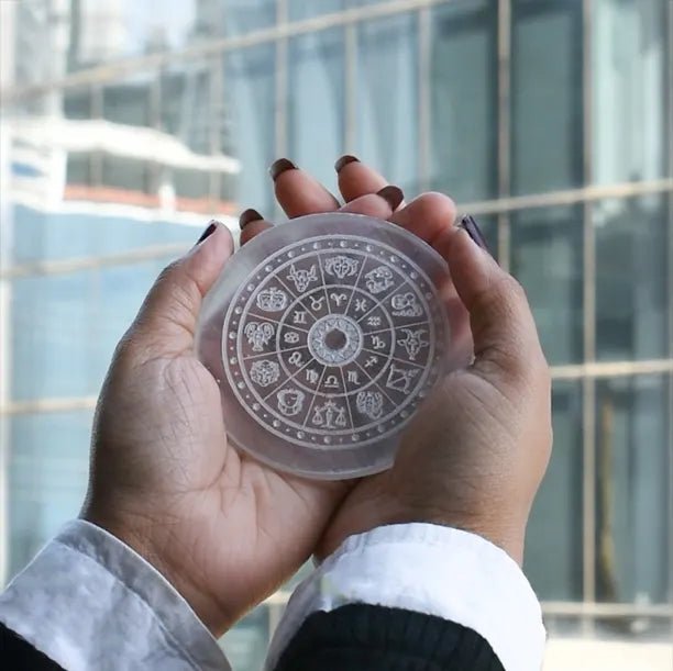 Selenite Charging Plate with Zodiac Sign Engraving for Crystal Cleansing & Reiki – Ramshivay - Ramshivay