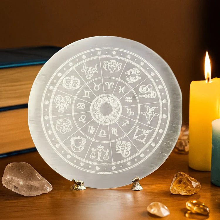 Selenite Charging Plate with Zodiac Sign Engraving for Crystal Cleansing & Reiki – Ramshivay - Ramshivay