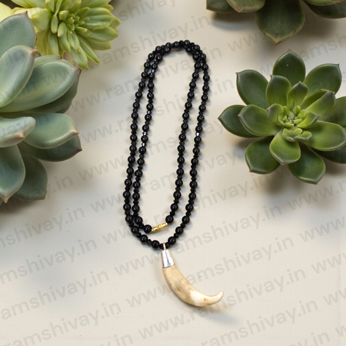 Shukar Dant in Black Agate Mala with C - Shape Wild Boar Teeth & Pure Silver Pendant | Spiritual Healing & Protection – Ramshivay - Ramshivay