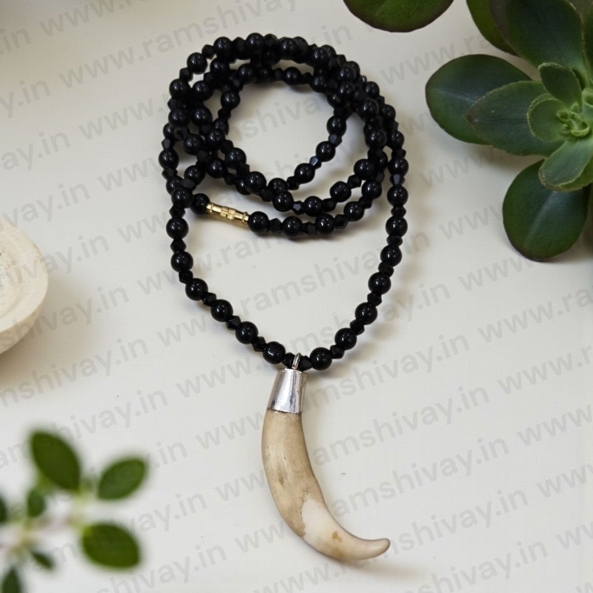 Shukar Dant in Black Agate Mala with C - Shape Wild Boar Teeth & Pure Silver Pendant | Spiritual Healing & Protection – Ramshivay - Ramshivay