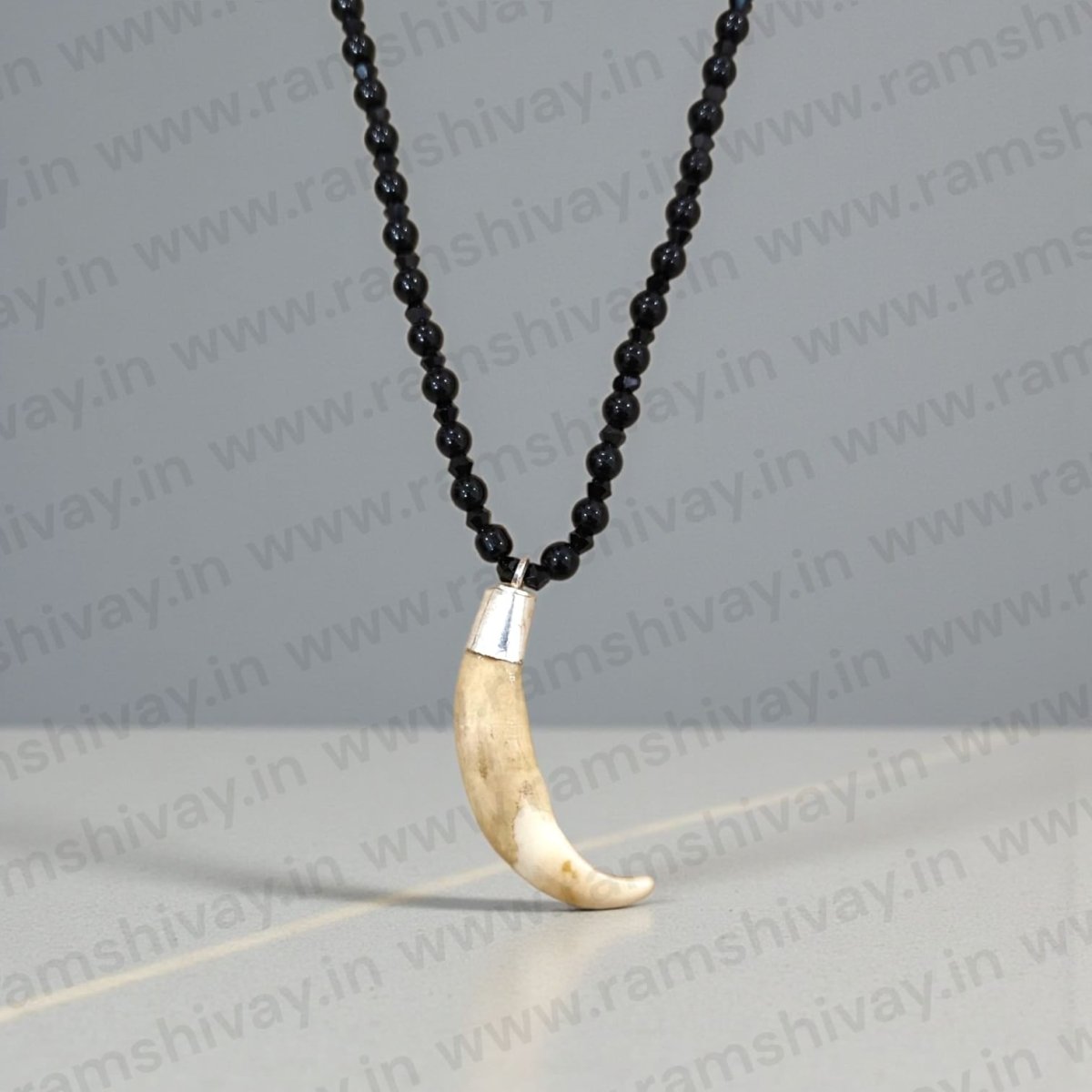 Shukar Dant in Black Agate Mala with C - Shape Wild Boar Teeth & Pure Silver Pendant | Spiritual Healing & Protection – Ramshivay - Ramshivay