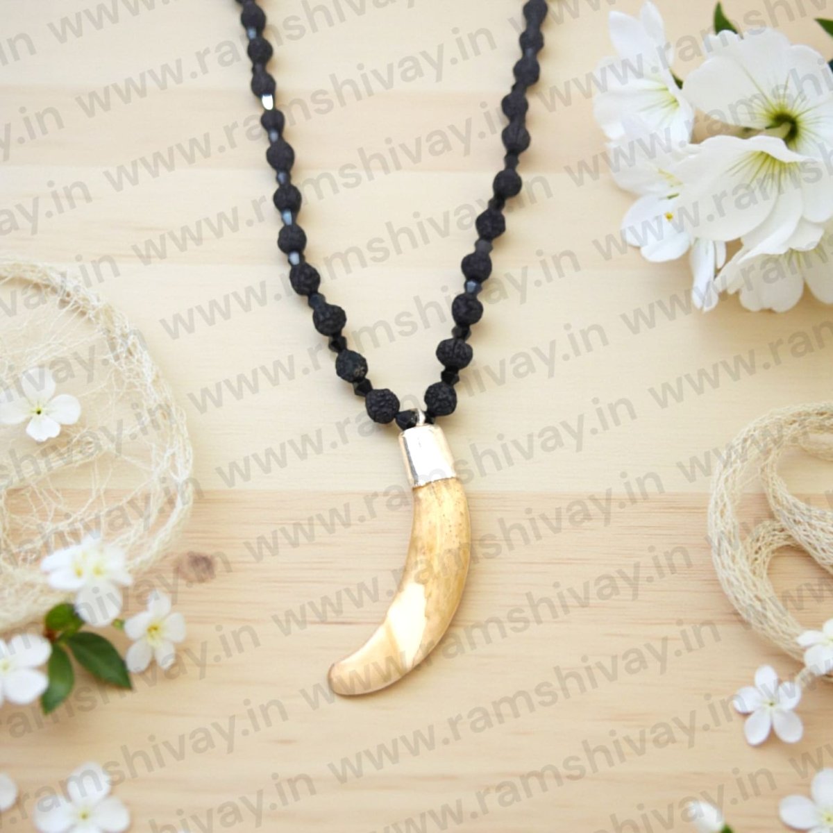 Shukar Dant in Black Rudraksha Mala with C - Shape Wild Boar Teeth | Pure Silver Pendant for Spiritual Protection & Energy – Ramshivay - Ramshivay