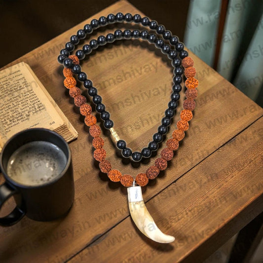 Shukar Dant Rudraksha & Hakik Mala with C - Shape Wild Boar Teeth | Spiritual Protection & Energy – Ramshivay - Ramshivay