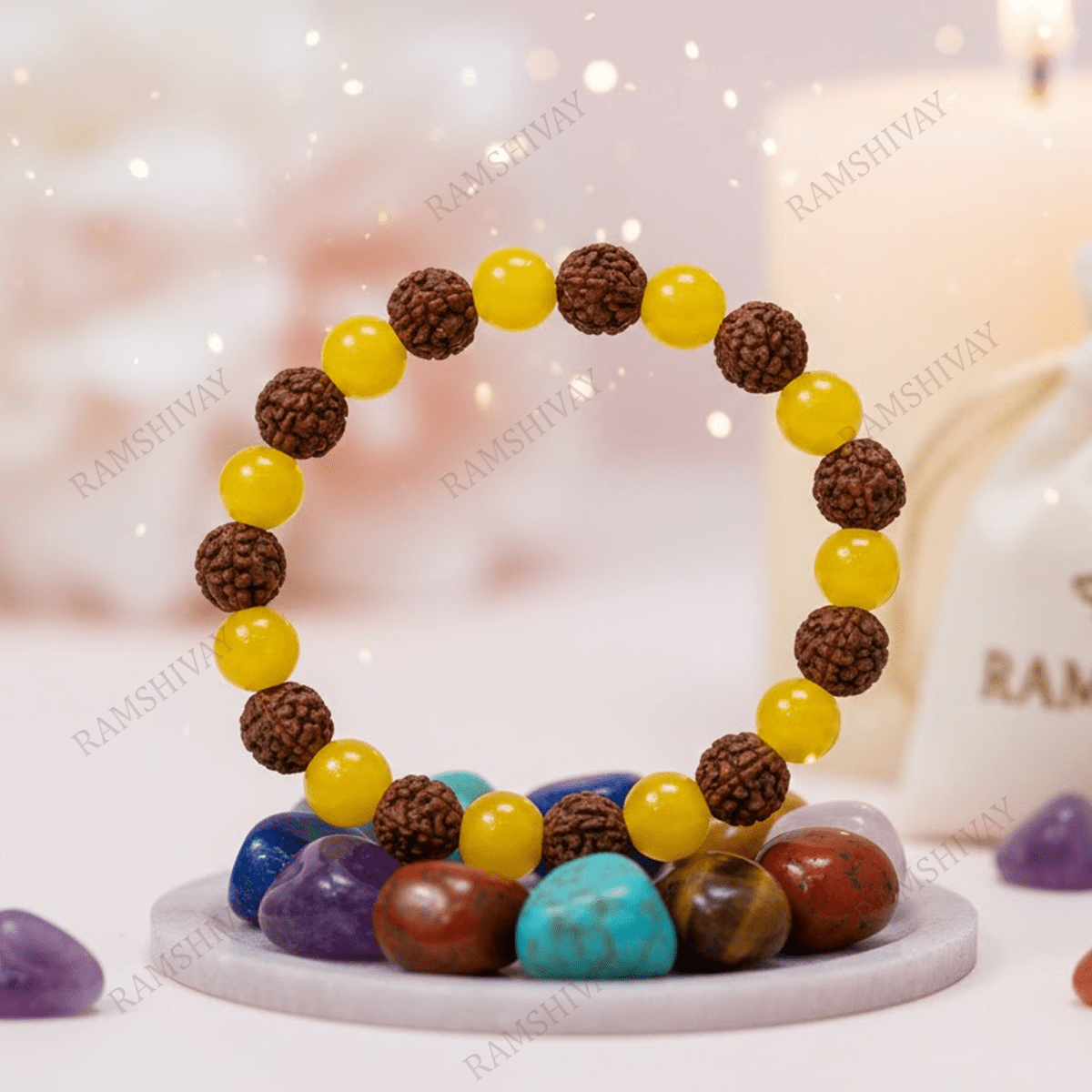 Surya Bracelet (8mm) with Natural Yellow Aventurine & 5 Mukhi Rudraksha – Ramshivay - Ramshivay